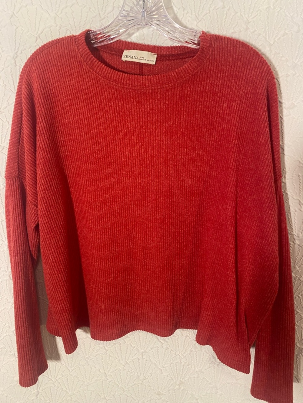Zenana Outfitters Coral-Red Ribbed Crewneck Sweater Women S/M Cabincore Earthy